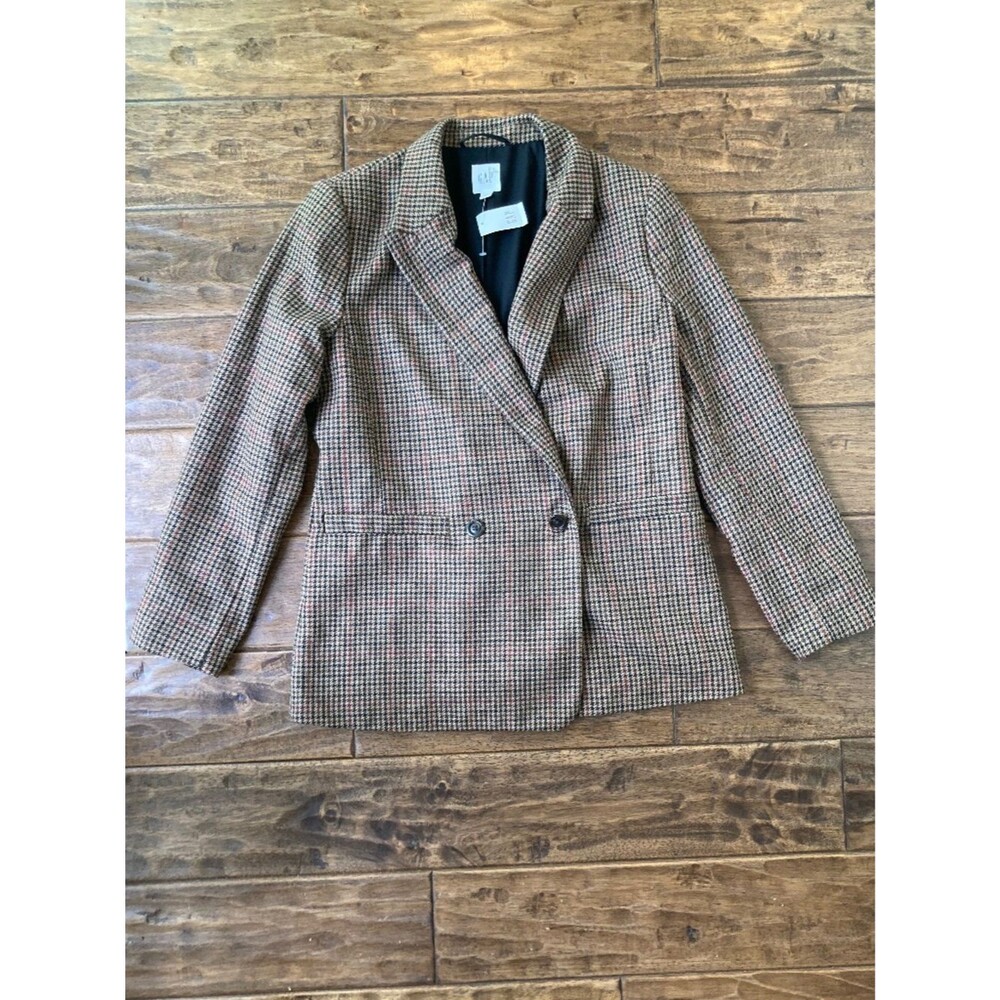 GAP Women's Blazer Sport Coat Wool Blend Brown Plaid Tweed Sz 12 NWT